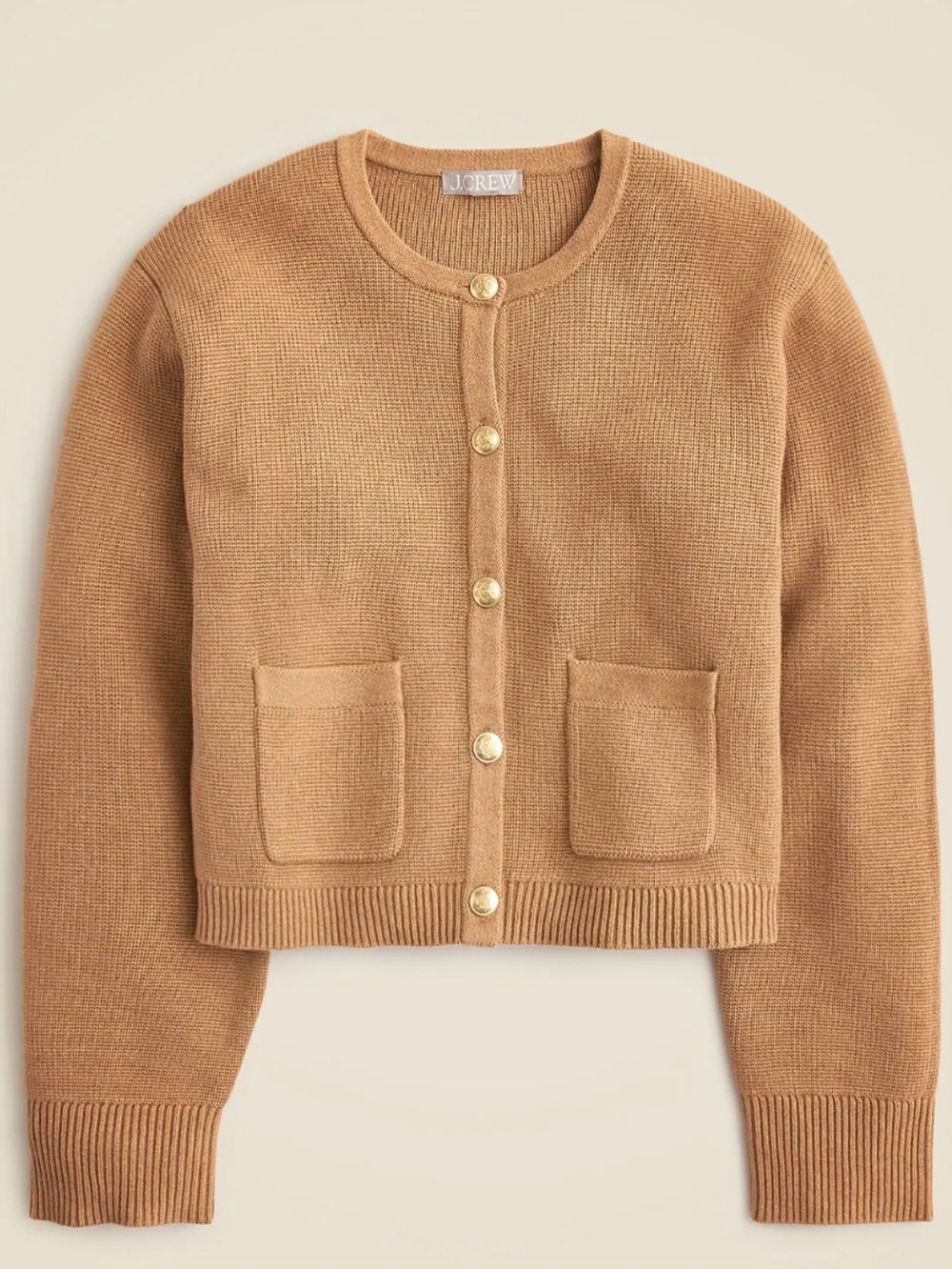 J. Crew Relaxed Emilie Camel/Tan Crewneck Button-Front Pocket Cardigan Size Smal